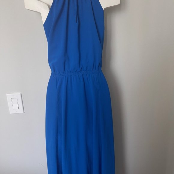 Red Saks 5th Avenue Beautiful Royal blue with gold beads maxi halter dress - Picture 4 of 9